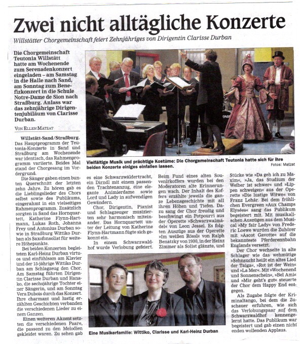 Pressekritik – Serenadenkonzert  2015 "Zehn Jahre Chorleitung Clarisse Durban"